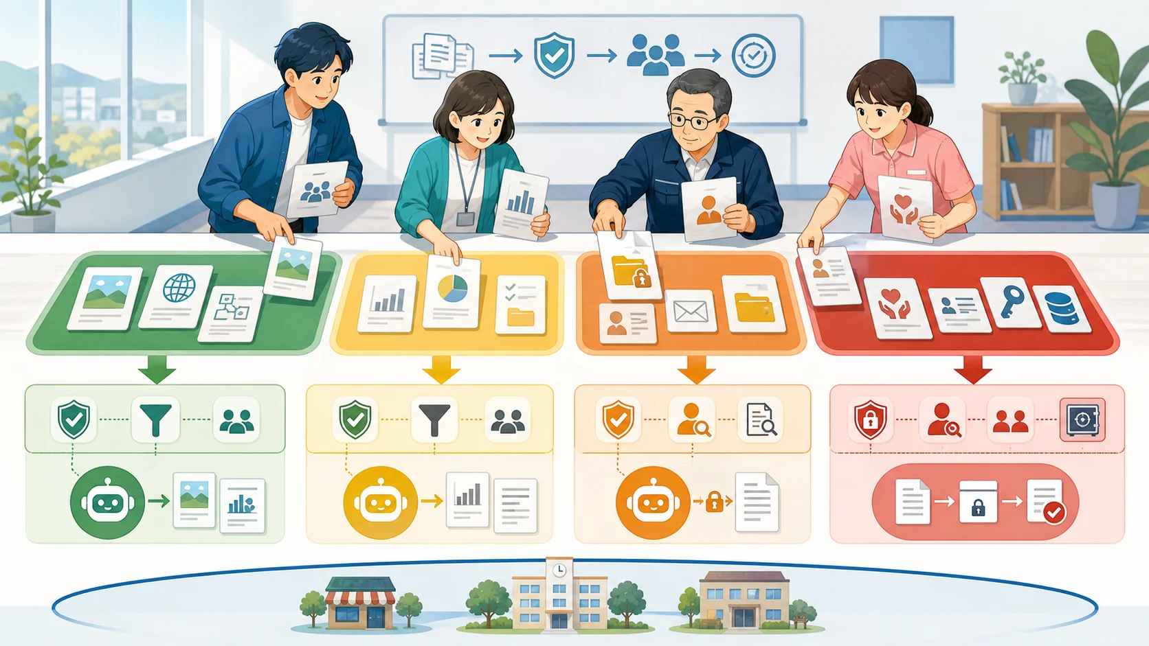 地域企業、学校、福祉施設の職員が資料を四色に分類する様子