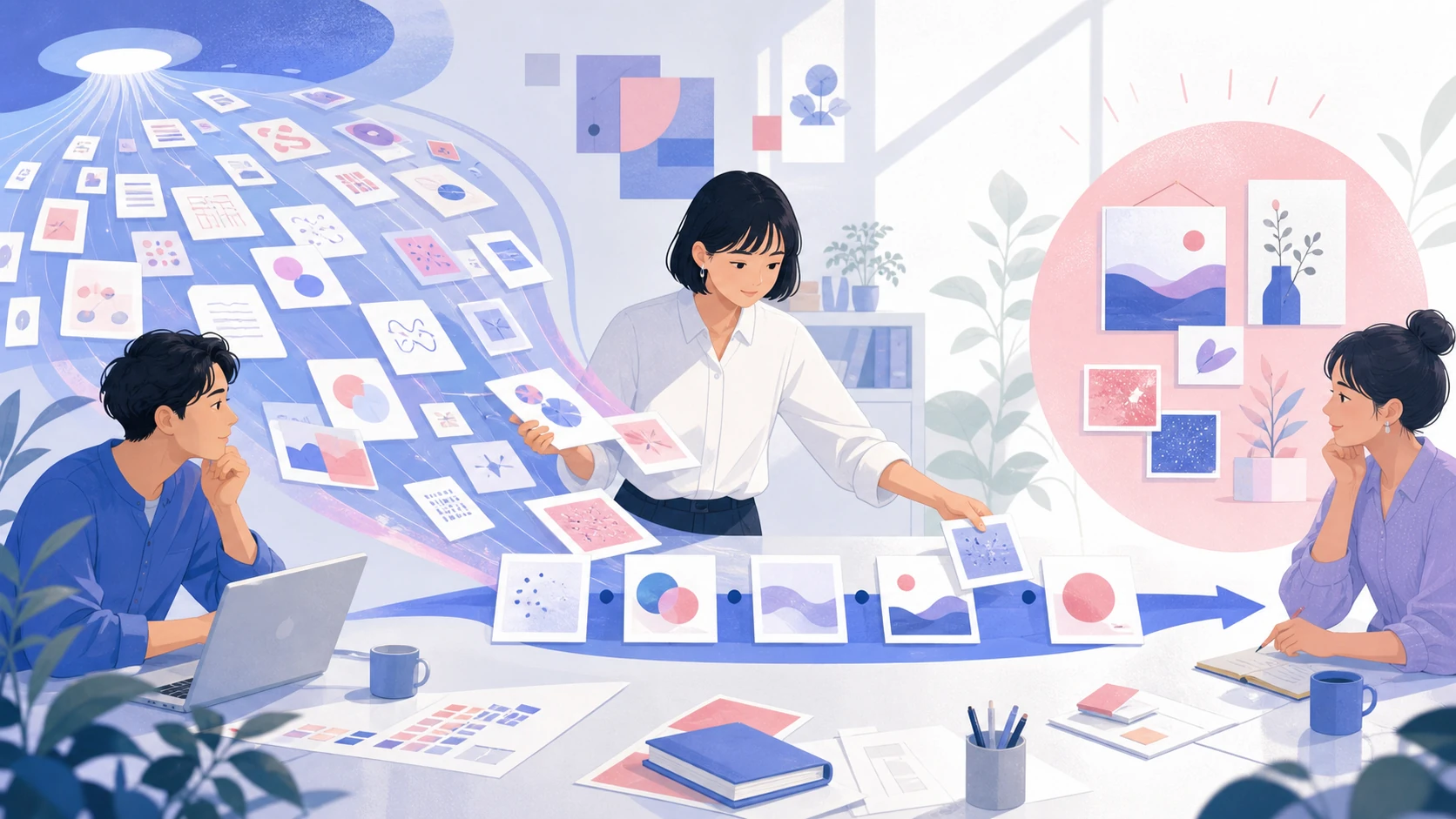 AIが生み出した多くの案を、チームが目的、優先順位、責任に分けて一つの方向へ整理する様子