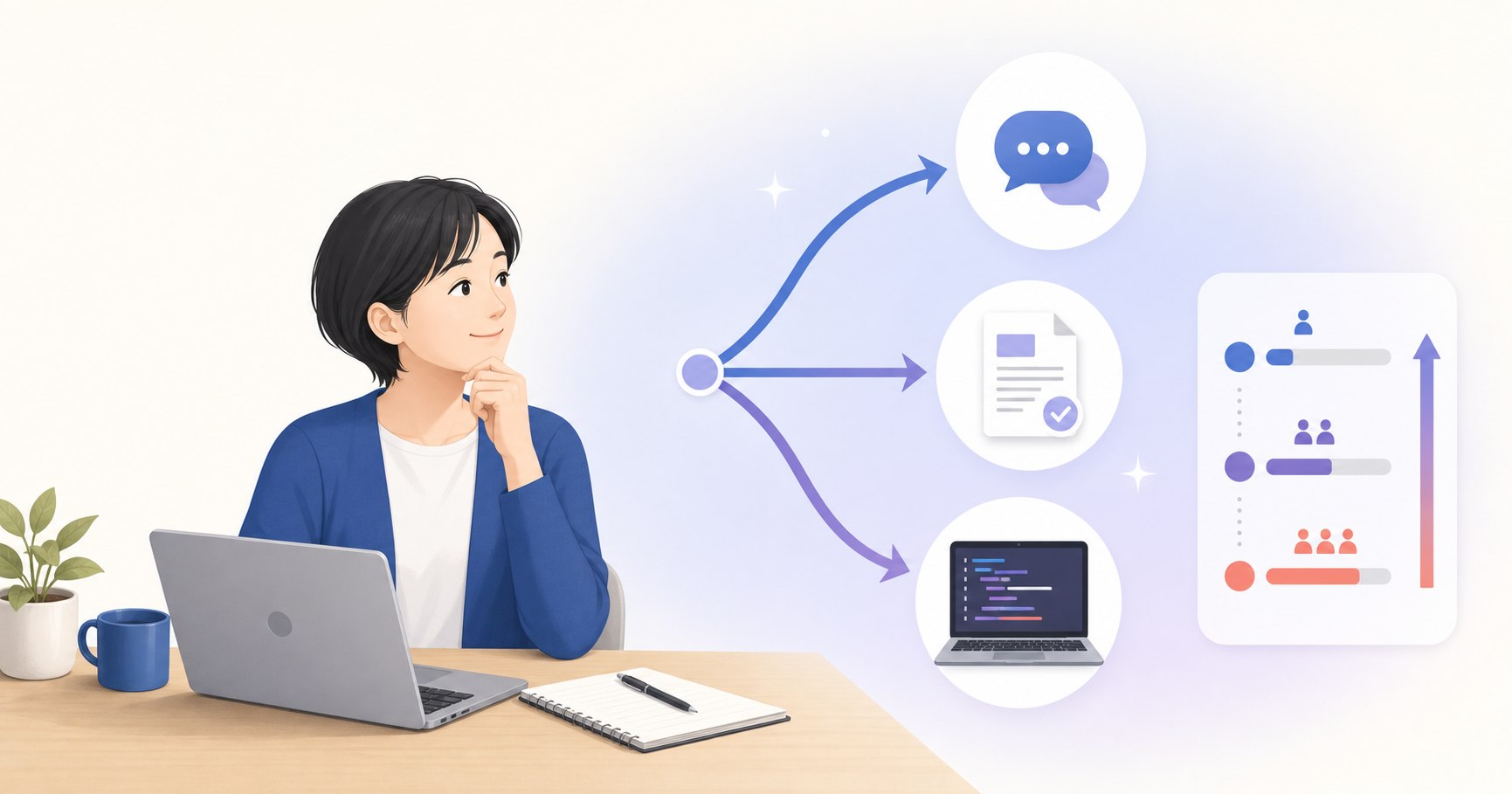 Chat・Work・Codexの3つの使い道と、作業の重さに合わせた選択を表すイラスト