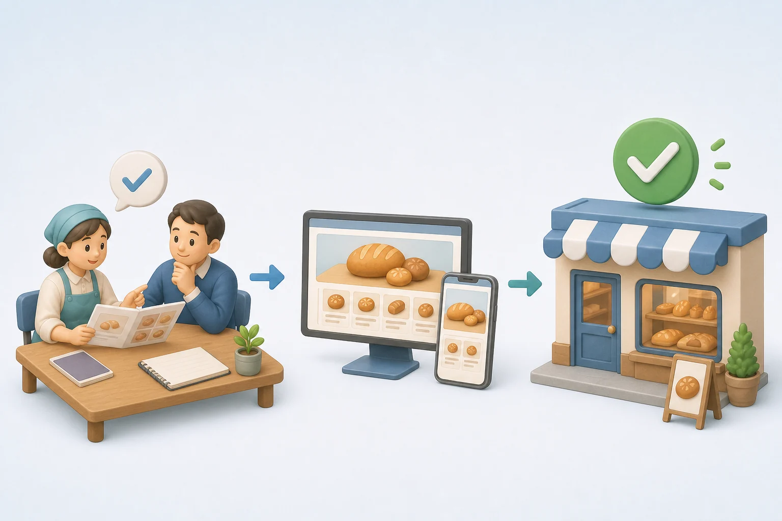 変更を人と確認し、パソコンとスマートフォンで表示を確かめ、本番の店頭公開まで確認するイメージ