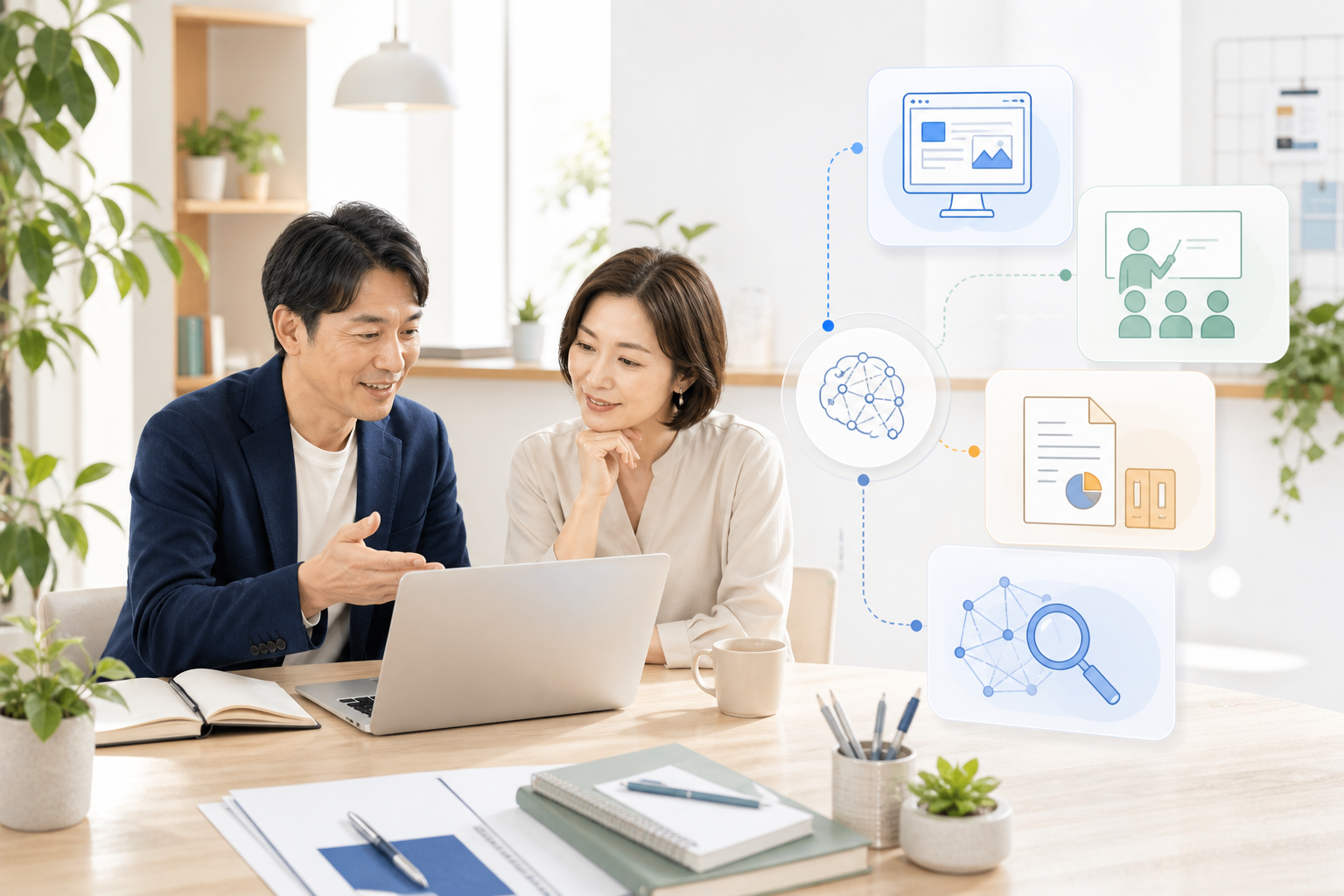 AI相談と制作、受講資料を整理するスタジオイメージ